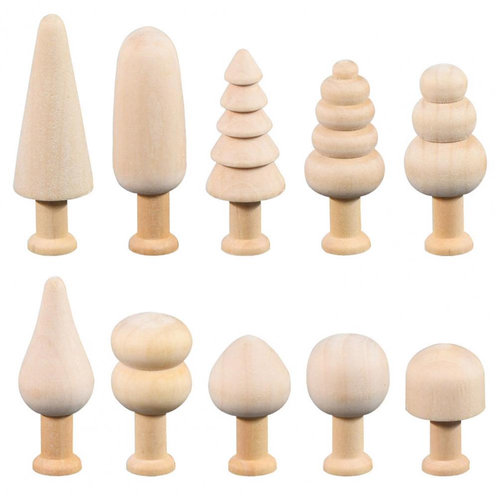 10Pcs/Set Unfinished Wooden Miniature Tree Painted Crafts Peg Dolls Wood Ornaments DIY Round Corners Kids Toy Mushroom Ornaments