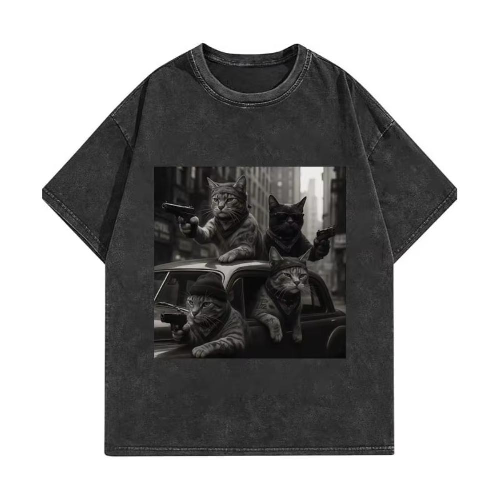 Lustige Katzenbande Meme Grafik T-Shirts Herren Damen Mode Vintage Gewaschene T-Shirts Sommer Hohe Qualität Baumwolle Übergroße T-Shirts