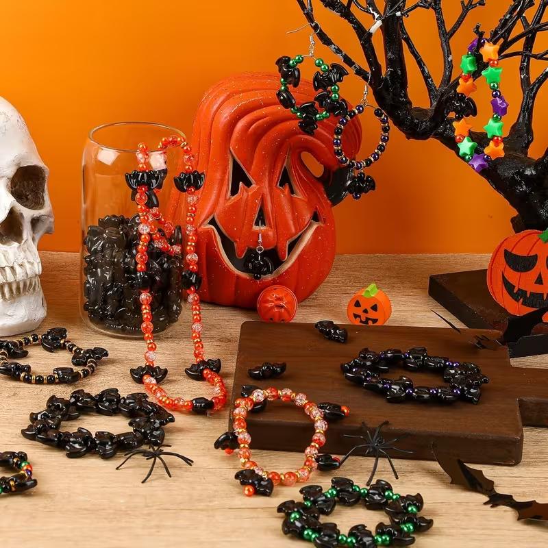 50pcs Black Bat Shaped Beads Halloween DIY Necklace,Bracelets, Earrings, Keychain Accessories Decoration Birthday Party Gifts
