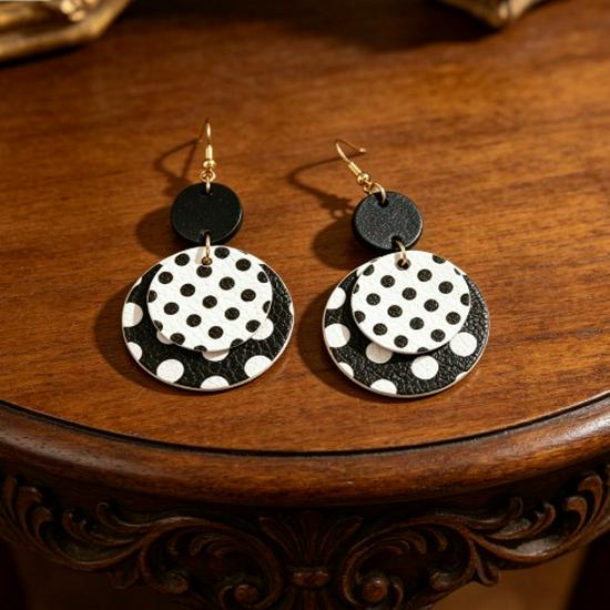 Classic Black & White Polka Dot Dangle Earrings: Bold, Retro Design with Large, Eye-Catching Style