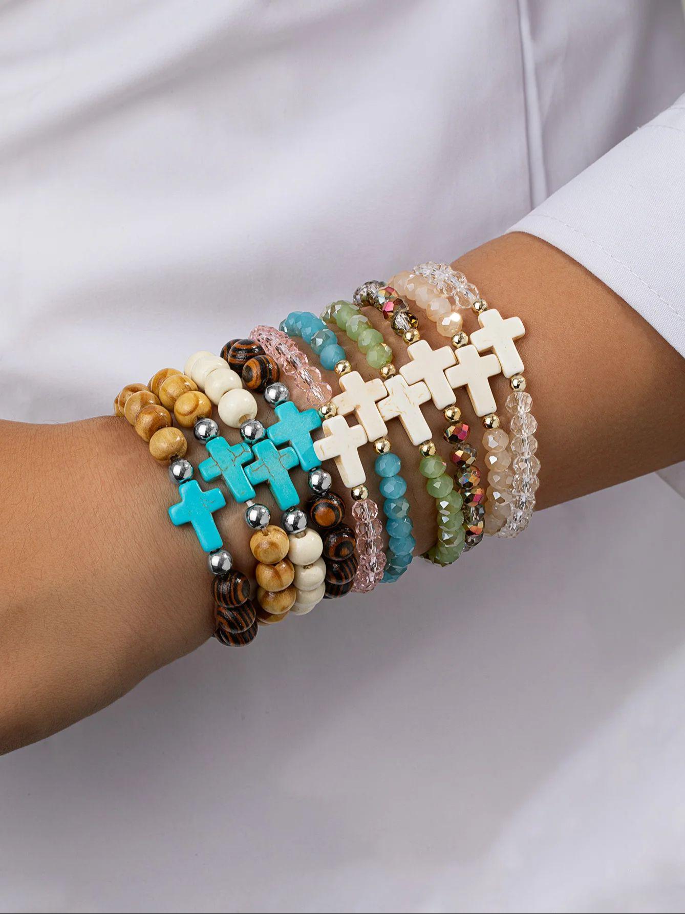 

Bohemian Style Multi-Layer Beaded Bracelet Set, Cross Natural Stone Stretch Bracelet