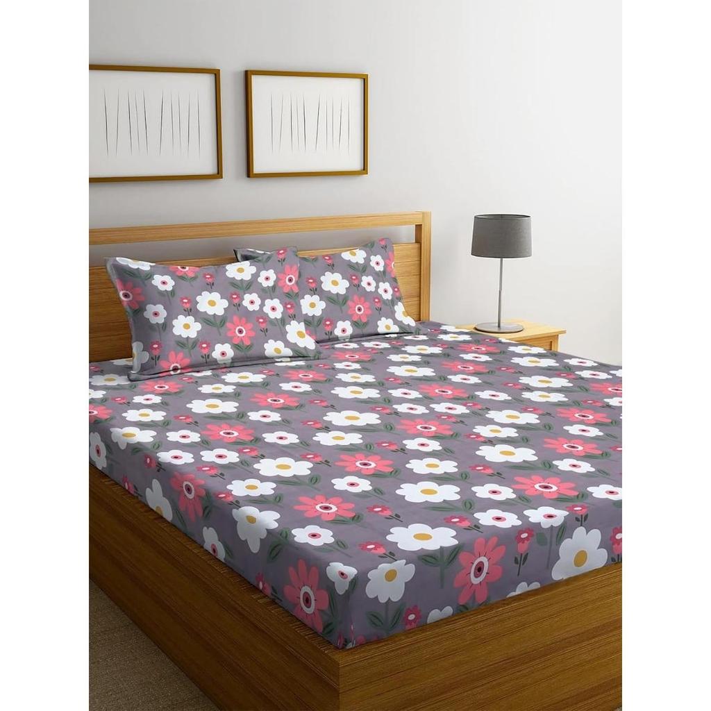 Premium Cotton Elastic Fitted Bedsheets  | Size: Bedsheet - 198.12CM x 182.88CM + 25.4CM (Drop) Pillow Cover -  46 cm x 68 cm