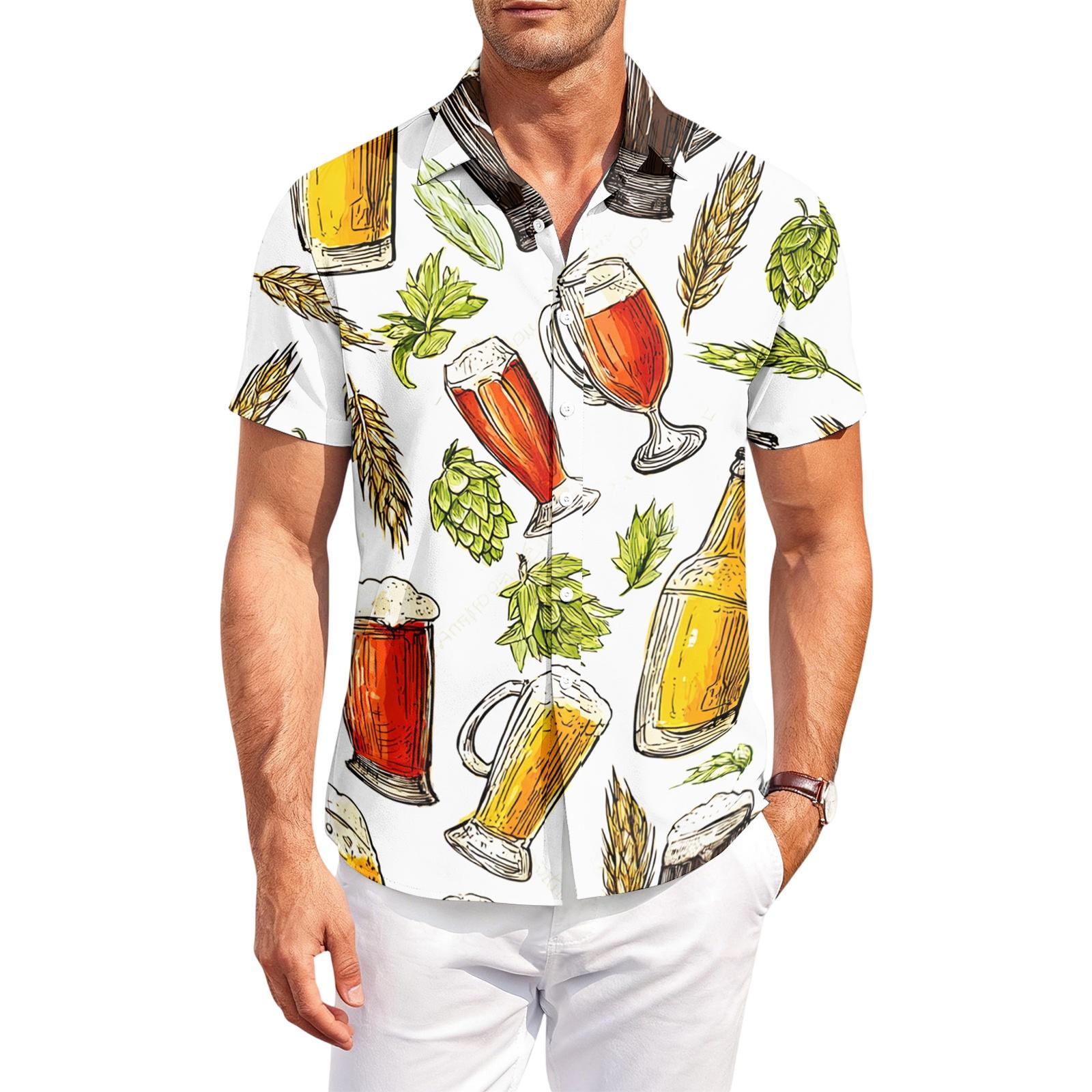 

Men s Casual Loose Fit Short Sleeve Shirt Button Down Beer Festival Print Lightweight Breathable Summer Top XXL білий
