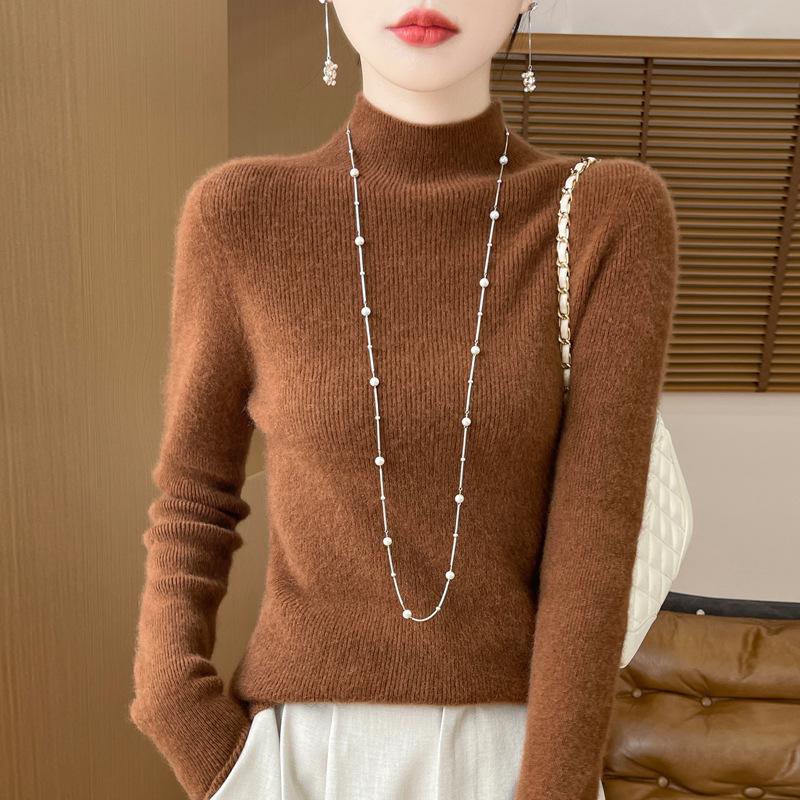 

Узкая рубашка с полувысоким воротом, женский вязаный свитер на осень и зиму XXL коричневый