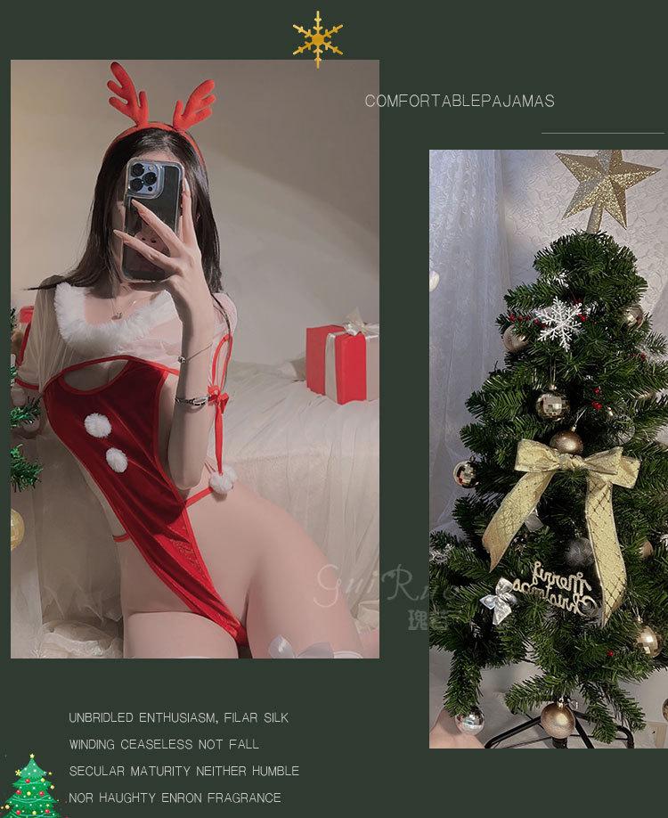 Alluring Velvet Mesh Open Crotch Christmas Lingerie Bodysuit Set for Women