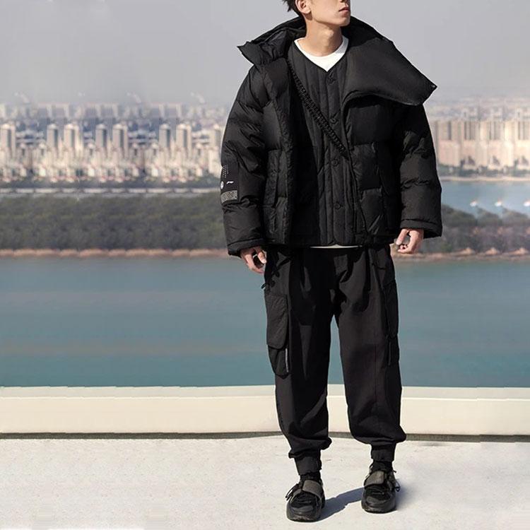Li Ning X Jackie Chan Kung Fu Series Irregular Zipper Solid Color Hooded White Duck Down Jacket Men Jacket Black AYMR215-2