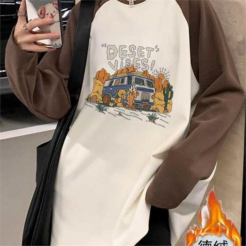 

Женская футболка с длинным рукавом из флиса в стиле колор-блок - Повседневная, Свободный крой, Средней длины, Фланелевая подкладка M 40-53 kg