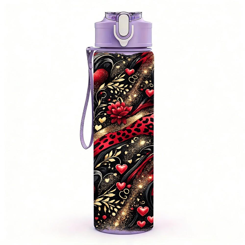 1PC Red Black Rose Dark Floral Art Print 750ml Color Plastic Sports Water Bottle Leakproof Flip Straw Lid Suitable for Sports Office Home Use