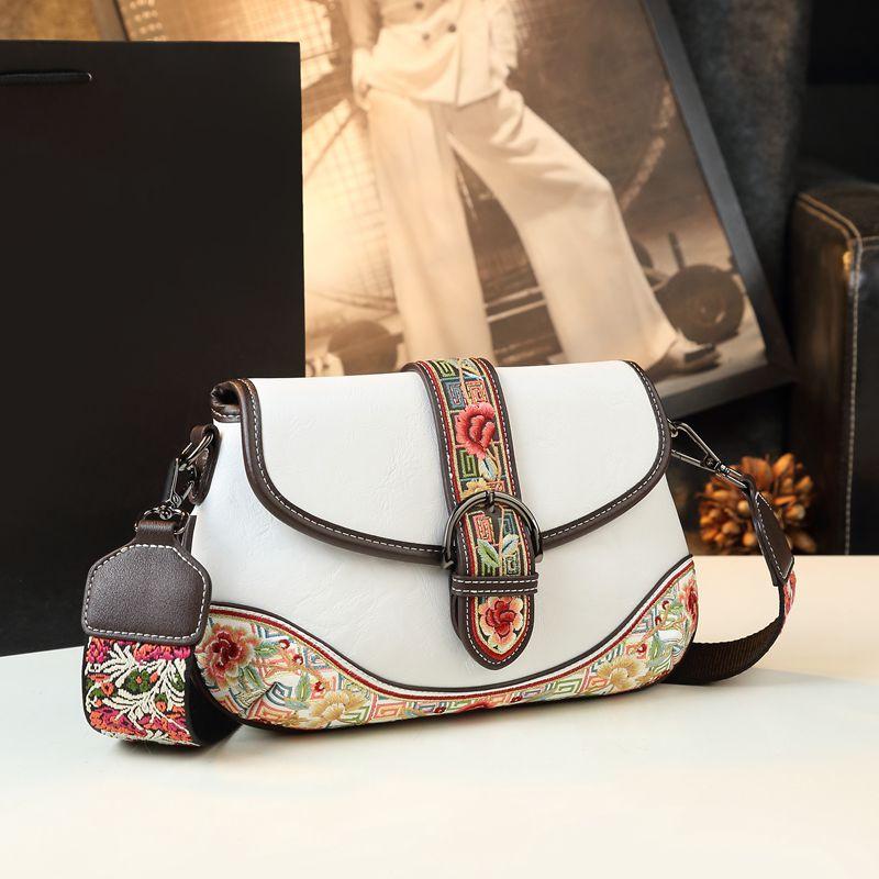 2025 New Genuine Leather Flowers Women Bag Luxury Fashion Small Saddle Bag Girls Embroidered Handbags Shoulder Crossbody Bags
