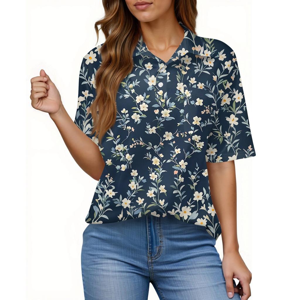 Women's Fashion Casual Button Pocket Shirt Short Sleeve Print Lapel Top