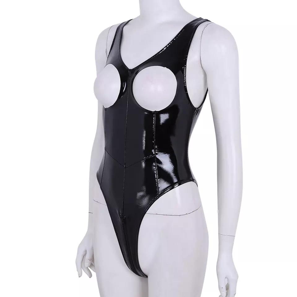 Sexy Body in pelle lucida con cavallo aperto per donne Porno erotico caldo Seno esposto Body in lattice lucido senza cavallo Sexi