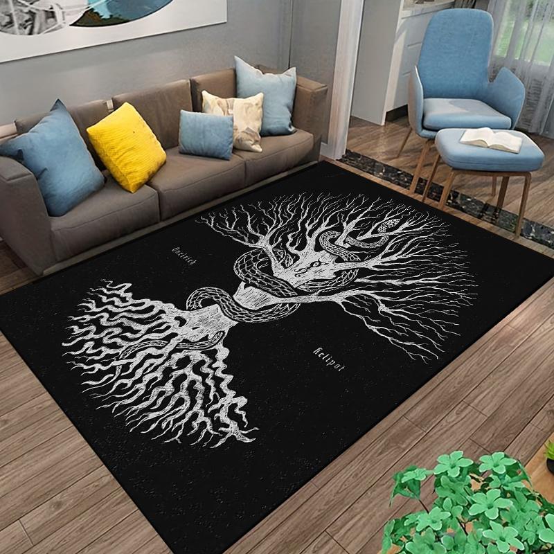 Mystical Tree with Serpent Design Printed Carpet Black and White Gothic Style Suitable for use as an anti-slip    for    room and bedroom sofas