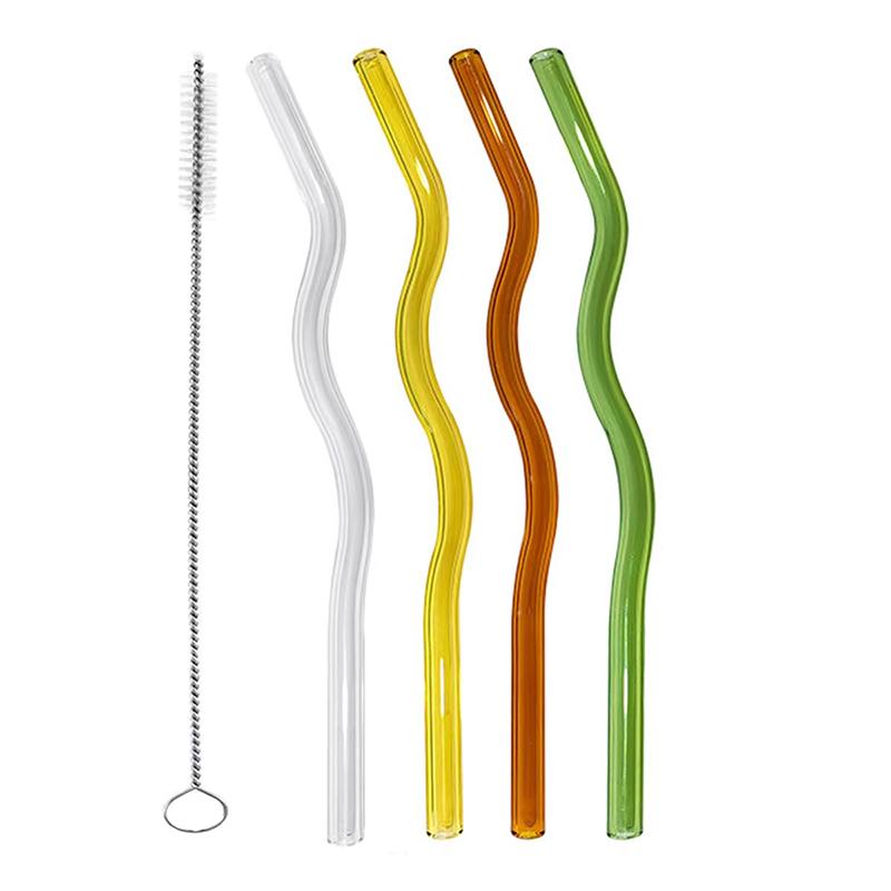 

4Pcs Wavy Glass Straws Shatter Resistant, Colored Drinking Straws with 1 Cleaner Brush for Beverages Coffee Juice Cocktail Tea