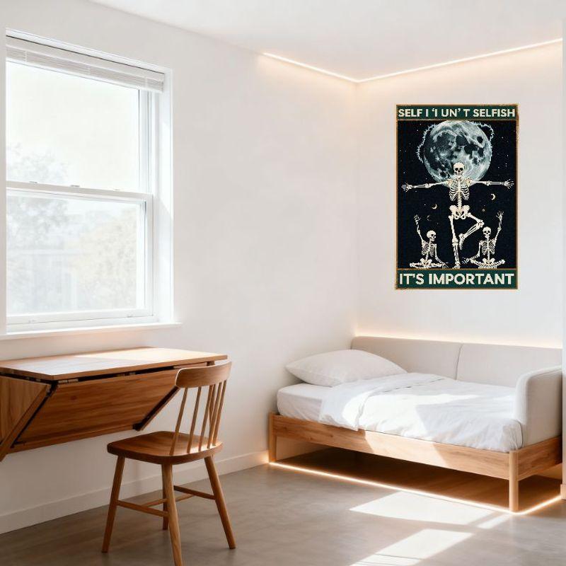 Vintage Starry Night Moon Skeleton Yoga Metal Tin Sign, Dark Blue Sky Full Moon Craters Electric Arcs Skeletons Lotus Tree Pose