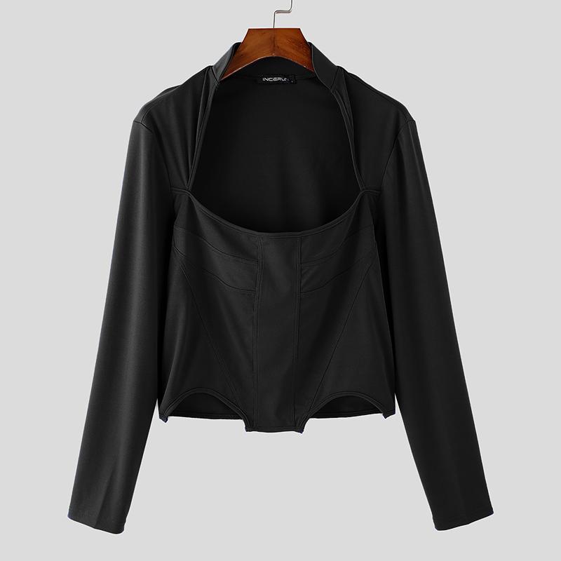 

INCERUN Мужские топы с длинным рукавом и вырезом, облегающие, повседневные, короткие футболки XL чёрный