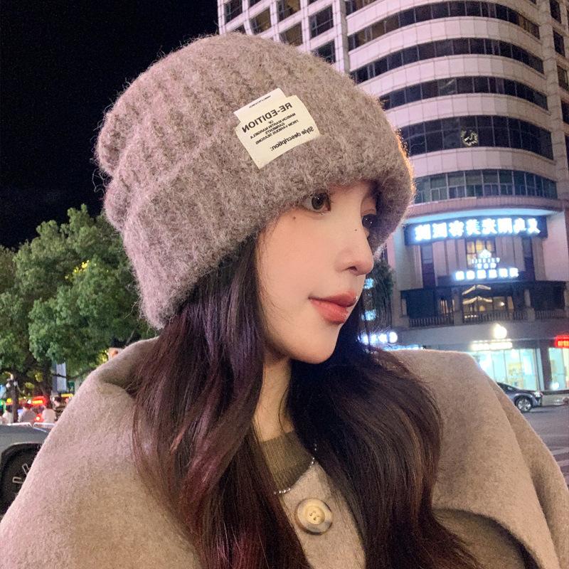 New Autumn and Winter Hats for Women Fashion Label Knitted Wool Hats for Winter Warm Big Head Ear Protection Hat