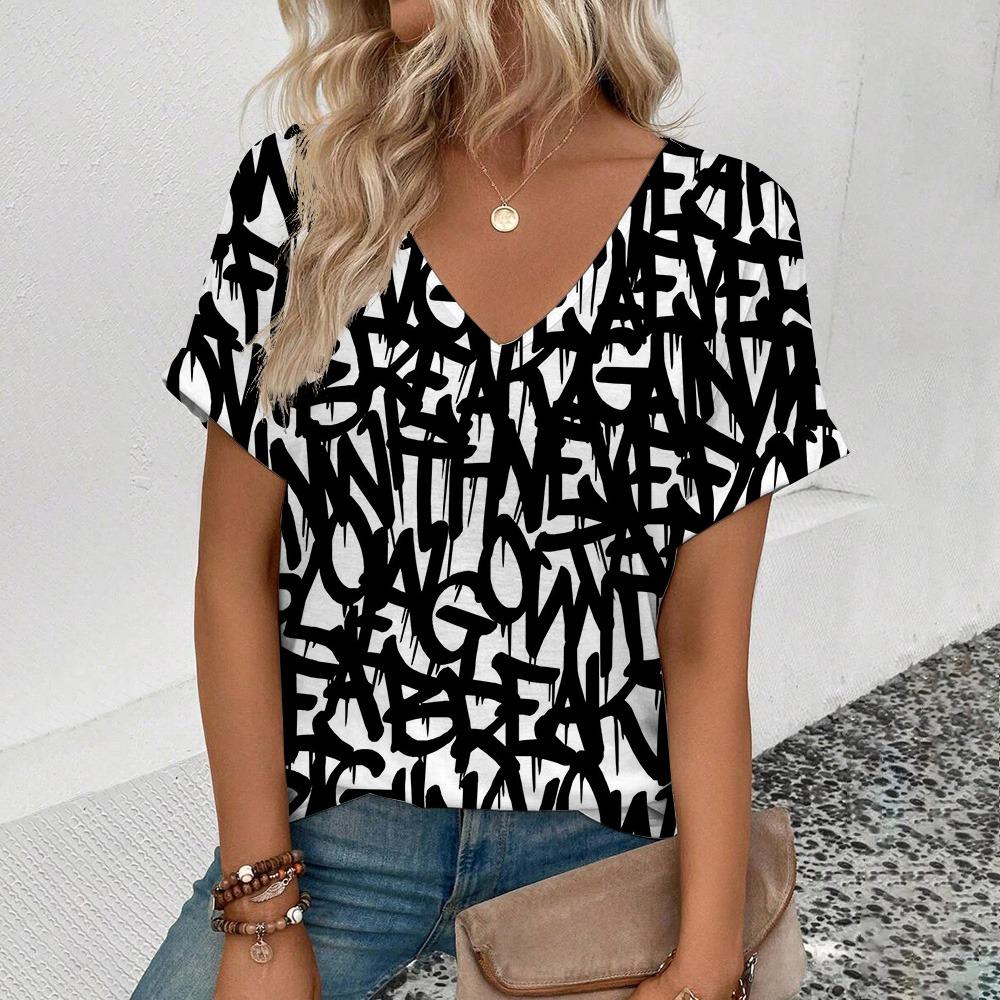 Summer Leisure 3d Printed Women's V-neck T-shirt Retro Stripe Pattern T-shirt Fashion Women's Short Sleeved T-shirt