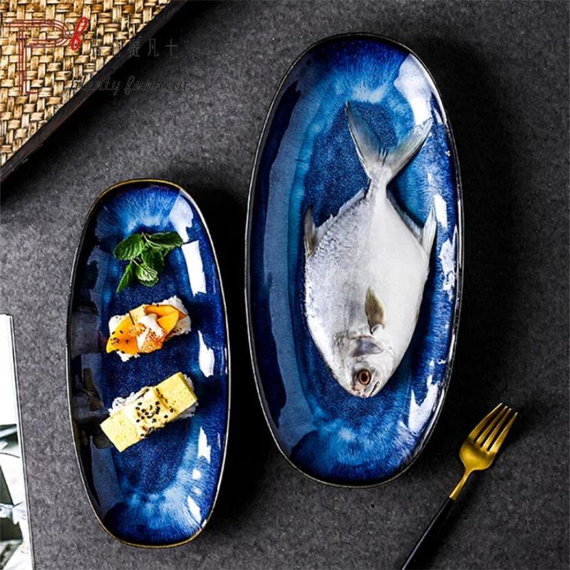 Large kiln-changed ceramic fish tray oval sushi , western , danshaped , hotel restaurant commercial dish plate