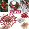 100Pcs Artificial Red Holly Berry Xmas Tree Ornaments Christmas Wedding Garland Home Decorations 2.5cm