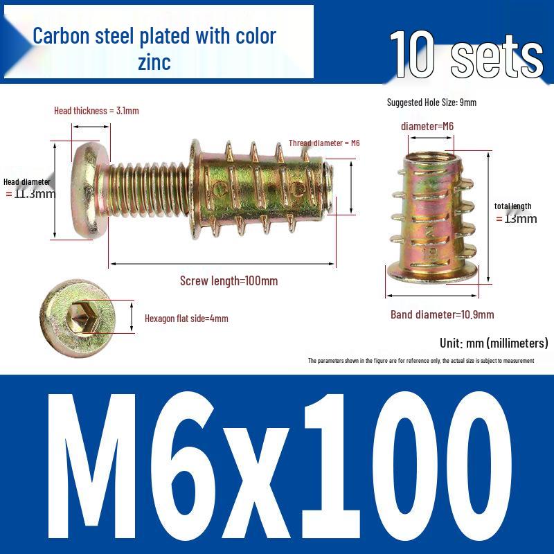 Flat Head Hex Socket Screws & Pre-embedded Nut Set for Wooden Bed Connectors