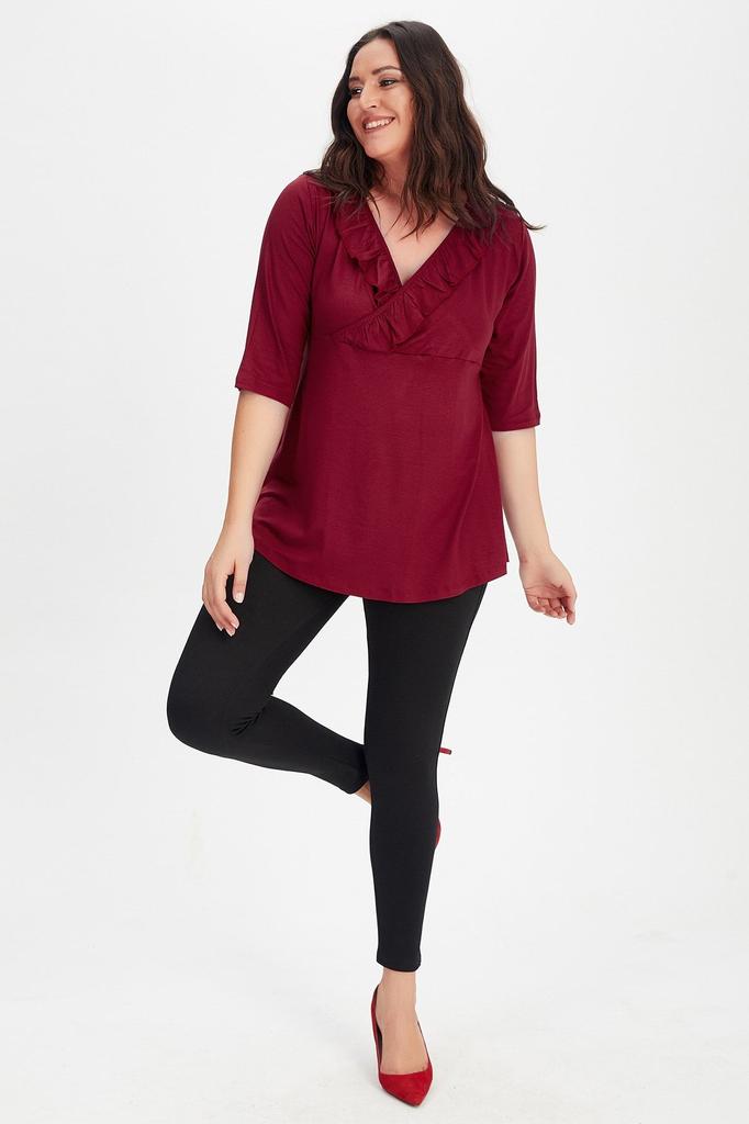 Damen Bluse in Übergröße Schwarz Übergröße Zweireihig Rüschenkragen Dreiviertelarm Bluse