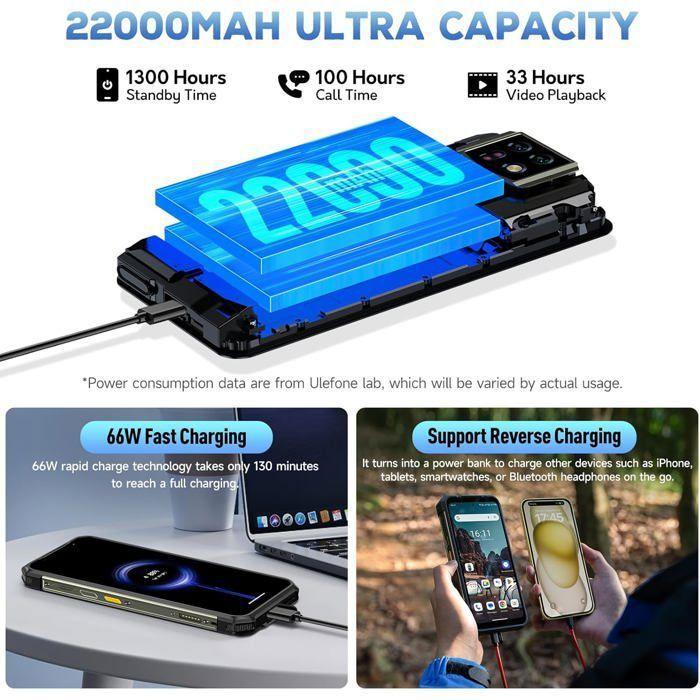Telephone Portable Incassable Ulefone Armor 24 24+256Go 6.78" 22000mAh Smartphone Robuste Android 14 1000LM Dural SIM/NFC/64MP Noir