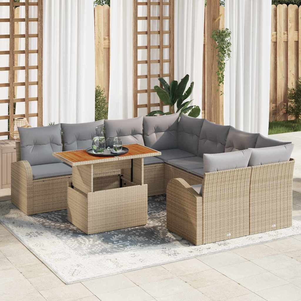 Garden Sofa Set with Storage 9 Pcs Beige Poly Rattan