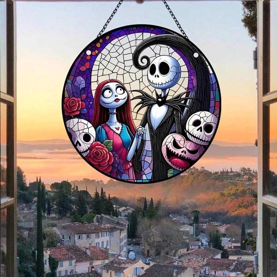 MINISO 2D Plane, Christmas Eve Horror Festival Sun Catcher - Brightly Colored Jack Skylington and Shalyacry Design Wall Art for Home