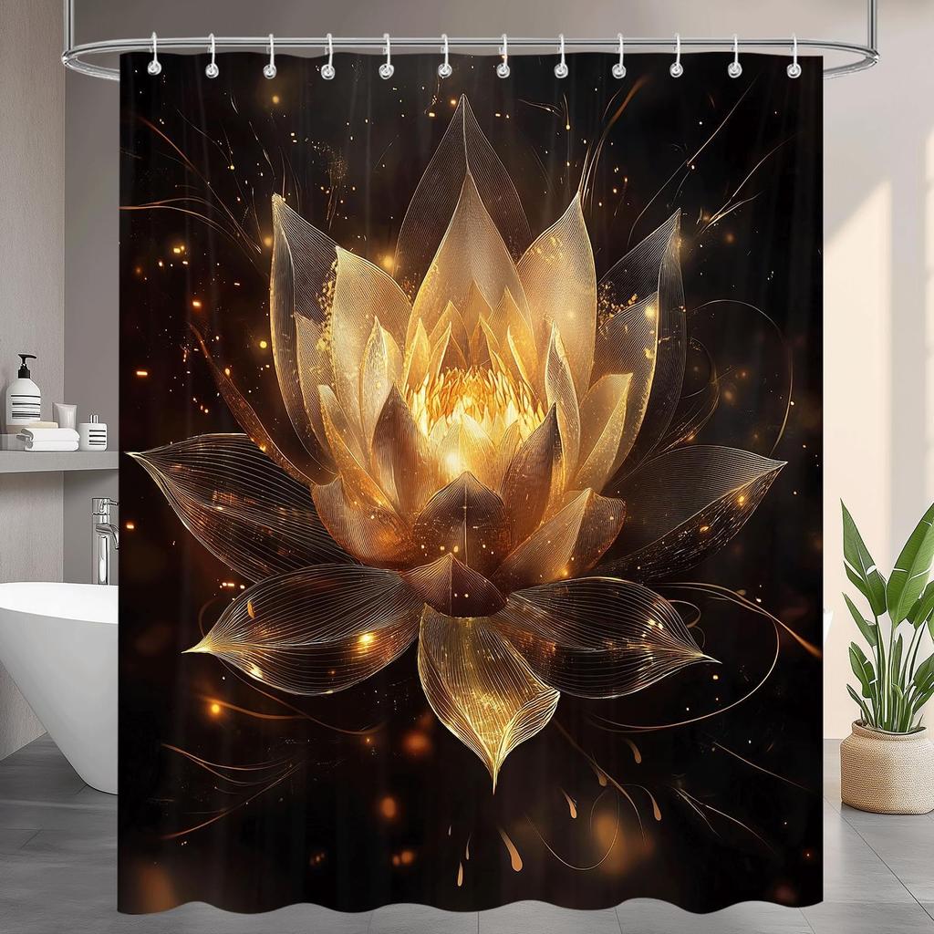 Black And Gold Flower Shower Curtain Set, Boho Yellow Lotus Botanical Spiritual Aesthetic Floral Shower Curtains For Bathroom