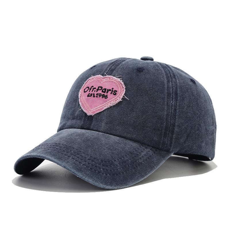 Korean Hat Women's Fashion Autumn and Winter Love Embroidery Washed Baseball Cap Pink Cap Retro Couple Visor