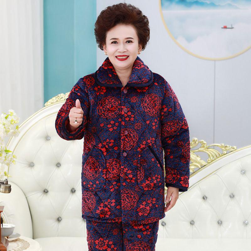 Three-Layer Fleece-Lined Quilted Winter Pajama Set for Elderly Women - Warm Coral Fleece Home Wear & Outerwear