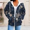 Women Plus Size Black Floral Print Zip Up Long Sleeve Drawstring Hoodie With Pockets