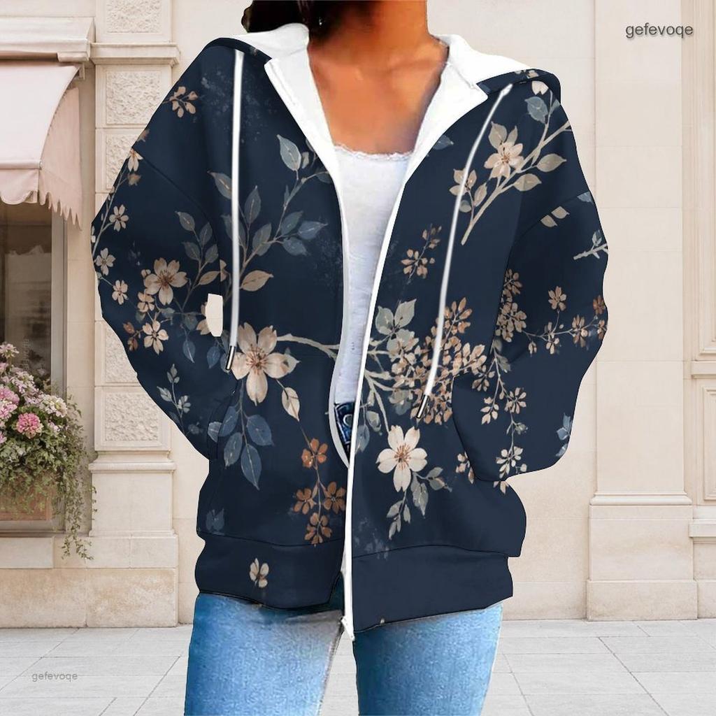 Women Plus Size Black Floral Print Zip Up Long Sleeve Drawstring Hoodie With Pockets