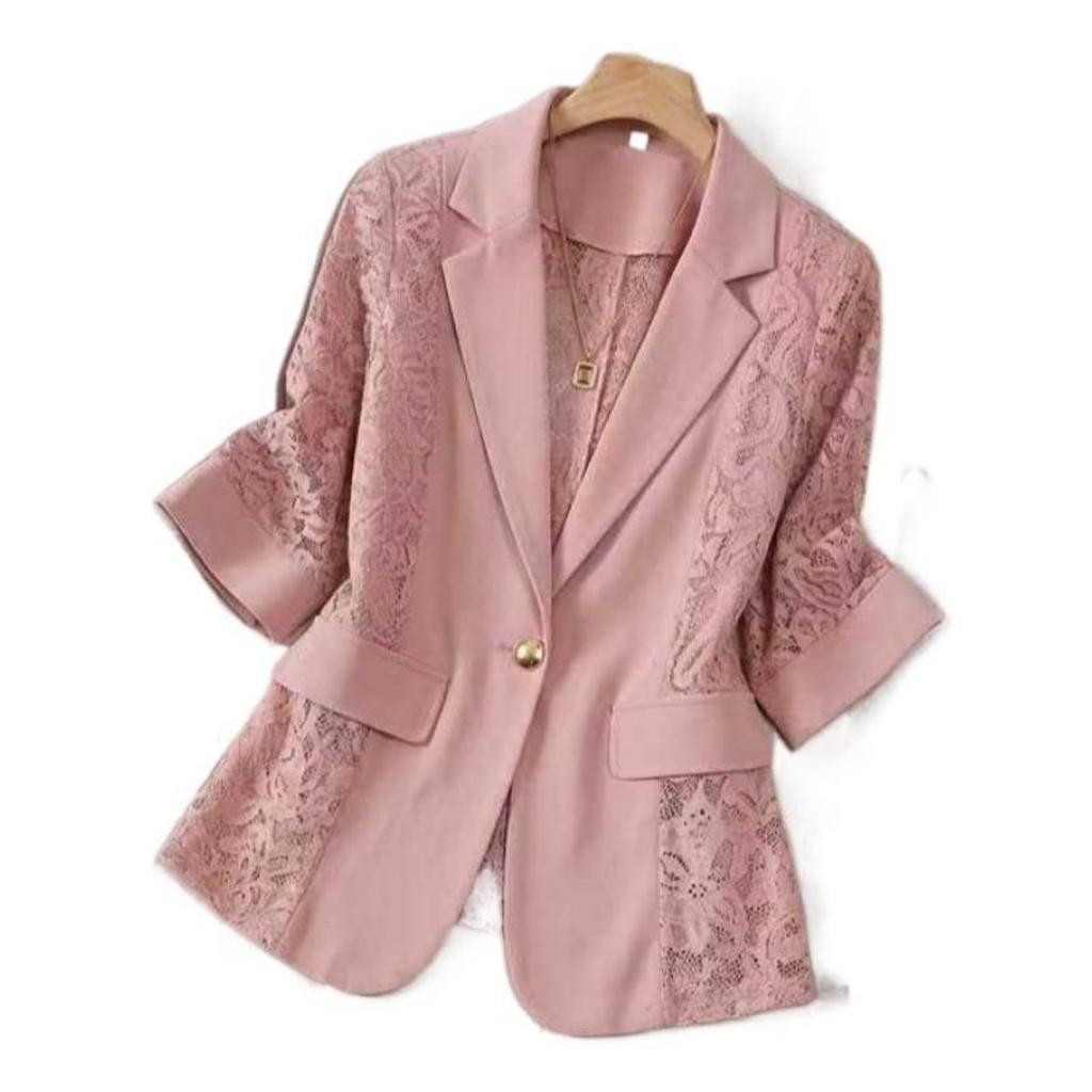 Spring New Women's Elegant Solid Color Fashion Lace Splicing Blazer Coat Casual Outerwear