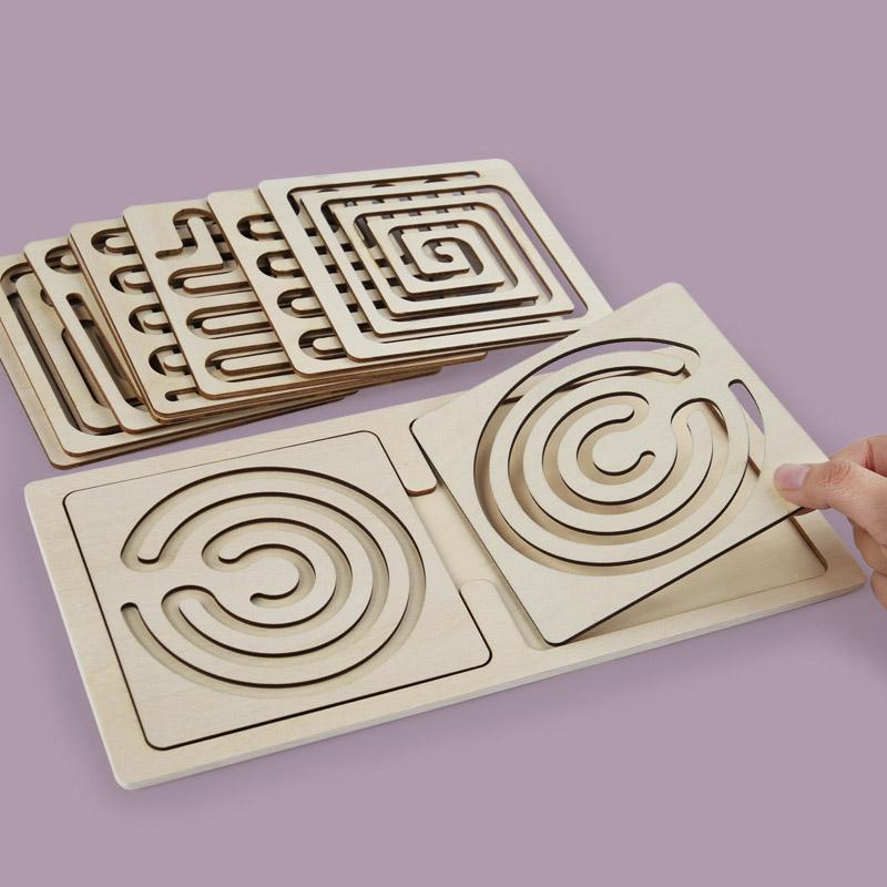 Kids Left Right Brain Puzzle Pen Movement Trajectory Control Panel Training Hand Brain Coordination Children Wooden Learning Playthings