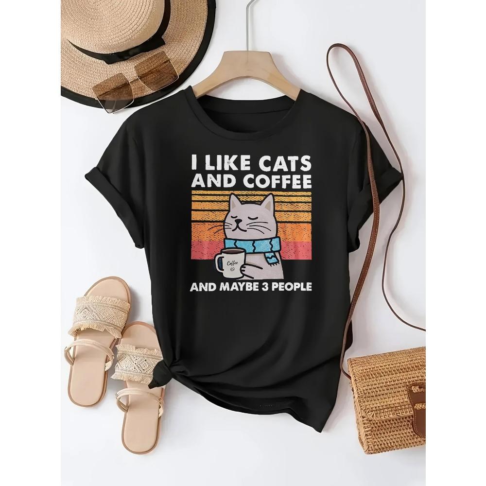 I Like Cats Coffee Women's Tee - Retro Cat Graphic Mauve Top
