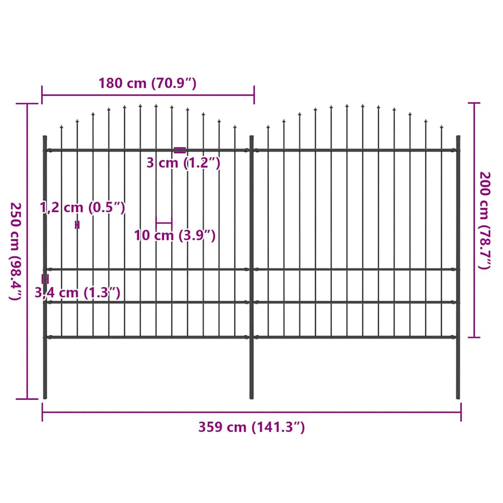 Spear Tipped Steel Garden Fence 359 x 200 cm Black
