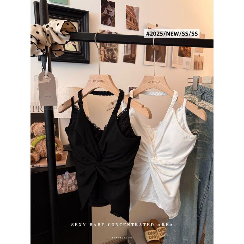 Kumikumi Gyaru Wind French style Kinked Lace Edge Cami Women Summer Slimming With Chest Pad Outer Wear Top