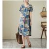 Temperament V-neck MIDI Vintage Print Loose A-line Skirt Short-sleeved Dress