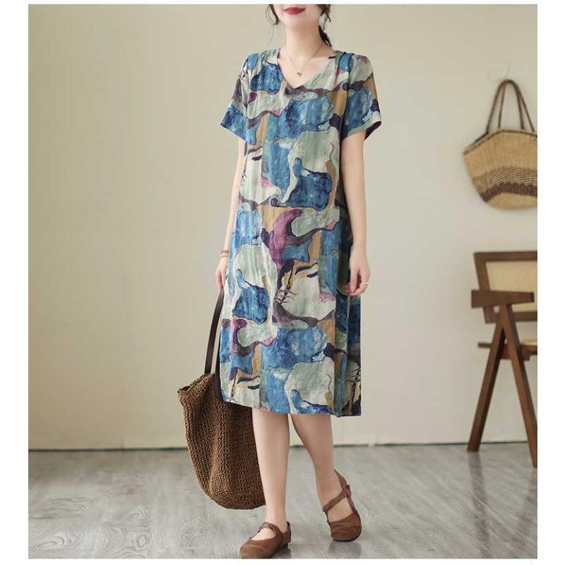 Temperament V-neck MIDI Vintage Print Loose A-line Skirt Short-sleeved Dress
