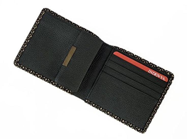 [Inden-ya] Inden Bifold Wallet 2003 Bill Compartment C Black Deerskin with White Lacquer Gourd Pattern