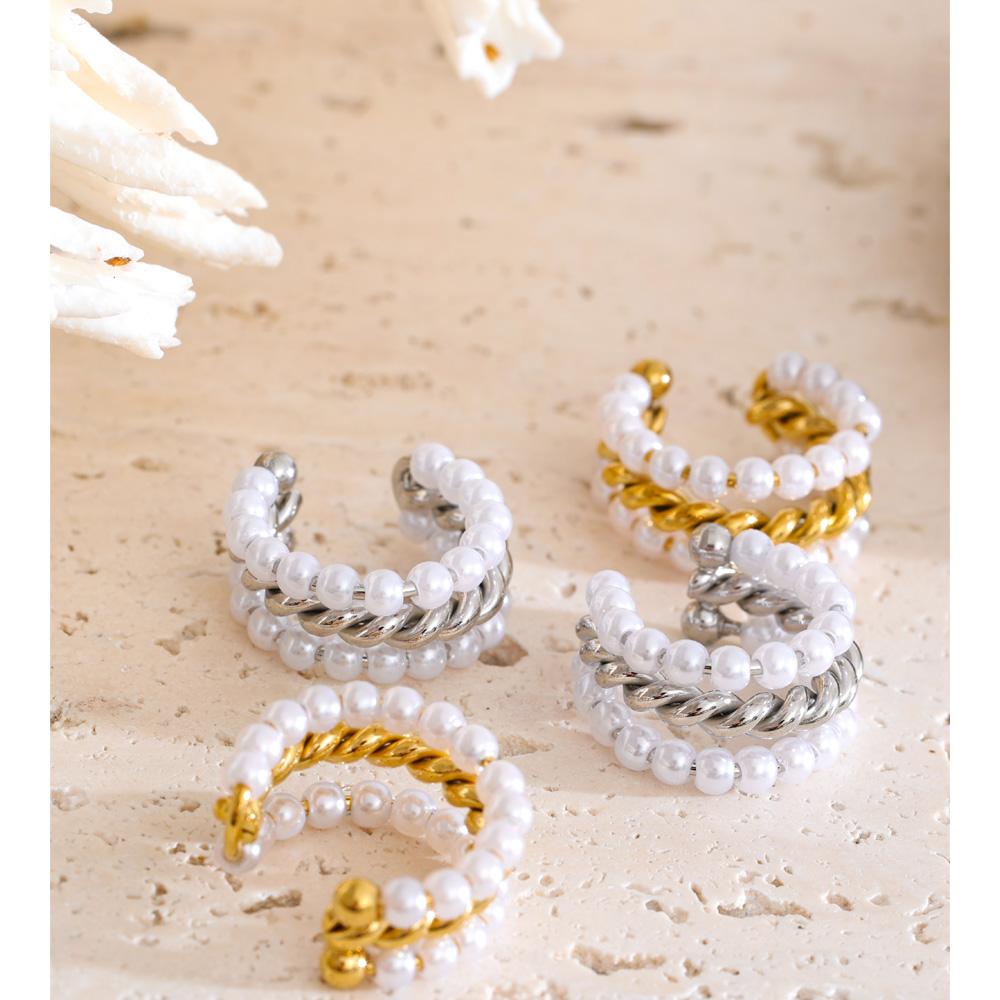 Eetit Simulated Pearls Layered Ear Bone Earrings for Women Stainless Steel Chic Fashion Ear Clip Accessories