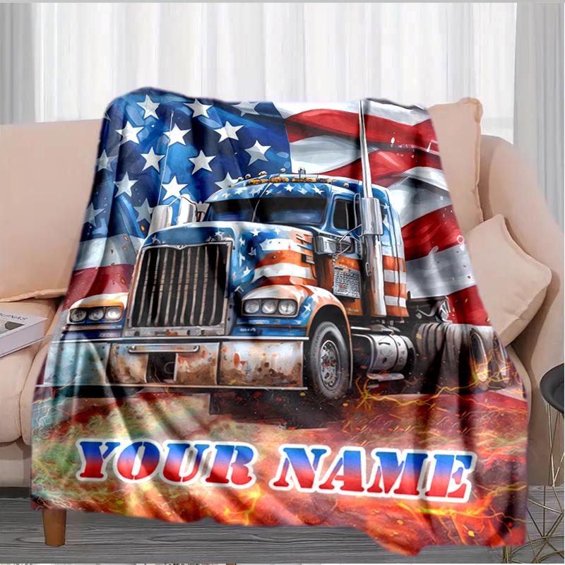 1PC Custom Name American Flag Truck Art flannel blanket versatile, all-season throw suitable for the living room, bedroom, camping, travel, and gift