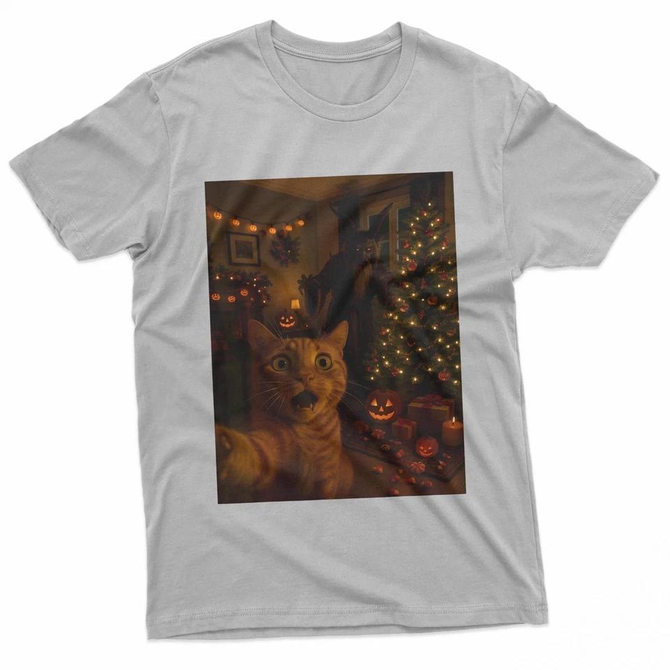 

Scared Tabby Cat Selfie Krampus Halloween Christmas Evening T-Shirt S