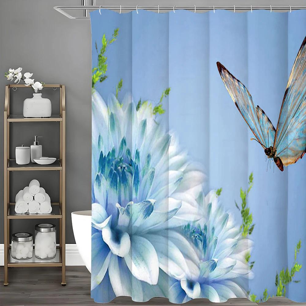 Blue Butterfly Floral Shower Curtain, Bathroom Decorative Shower Curtain, Waterproof Shower Curtain with Hooks
