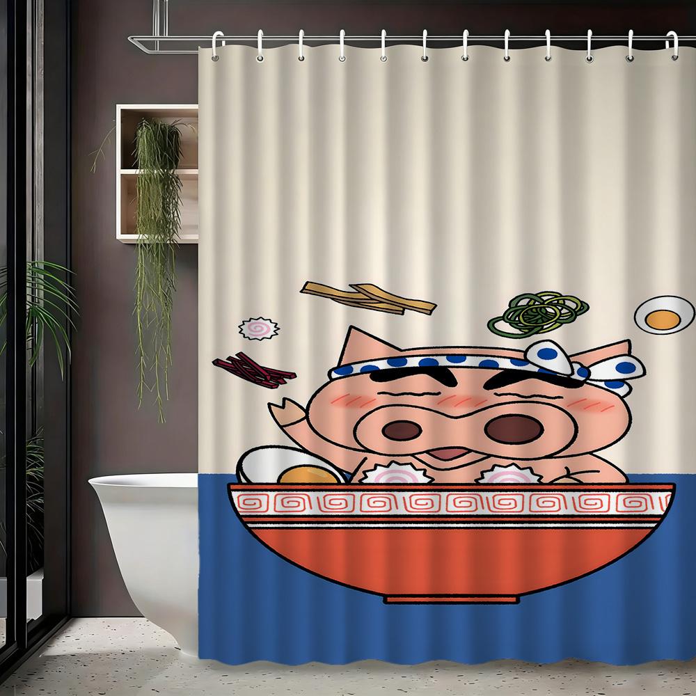 Crayon Shin-Chan & Friends School Uniform & Robot Statue Scene 2D Print Waterproof Shower Curtain, Blue & Yellow Bathroom Decor