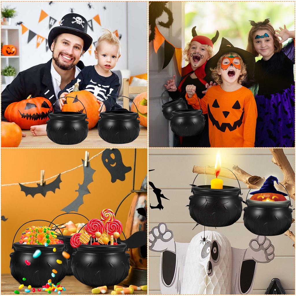 Dekoracje Mis na Cukierki na Halloween, Zestaw 3 Czarnych Plastikowych Misek-Kociołków ze Stojakiem z Żelaza, Halloween