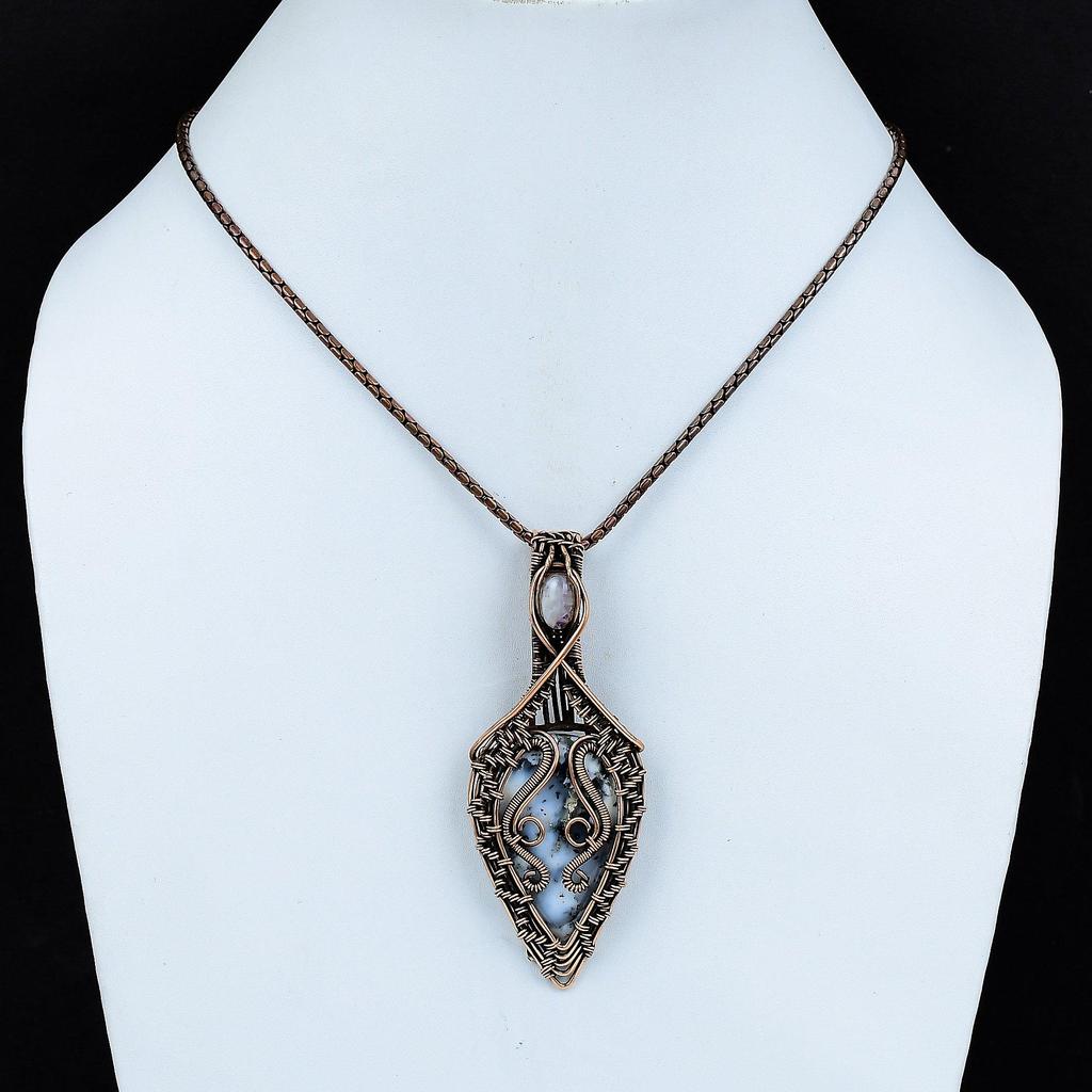 Dendrite Opal, Moonstone Gemstone Pure Copper Wire Wrapped Designer Handmade Pendant Jewelry For Her