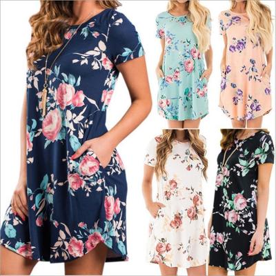 Summer Printed Short-sleeved Round-neck Pocket Dress