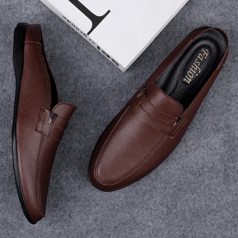 Fashion Handmade Loafers Summer Slip On Half Shoes for Men Genuine Leather Slippers Casual Breathable Comfy Male Muller Shoes Half Drag